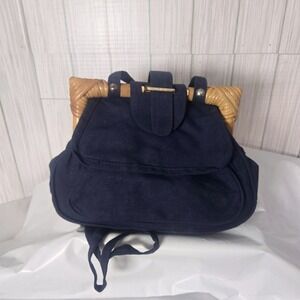 Holiday Fair Navy Blue Canvas Crossbody Bag Woven Wood Frame Made in Hong Kong